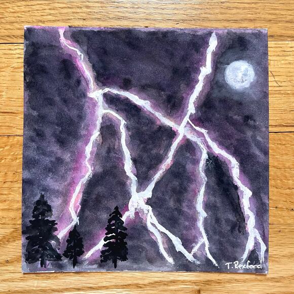 Hand painted watercolor original painting lightning trees night - Picture 1 of 1